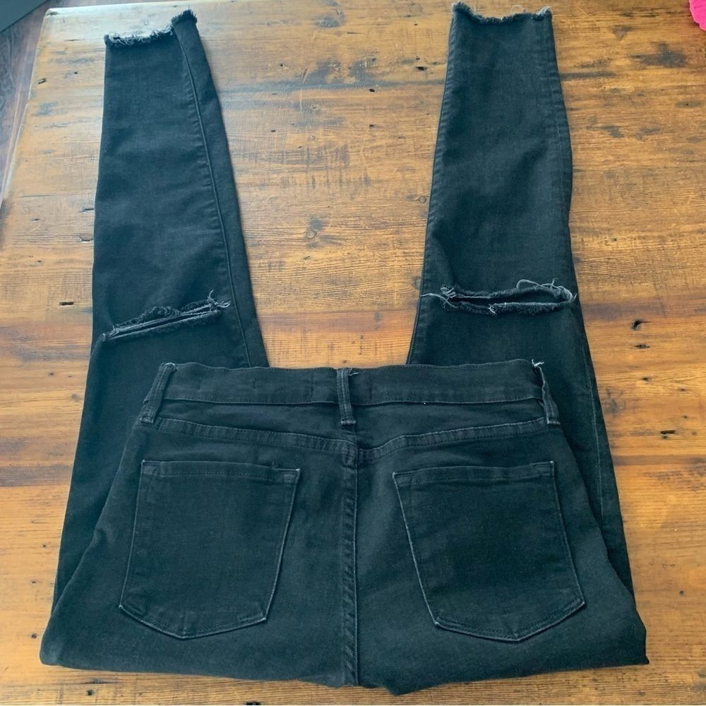 FRAME High Waisted Empire Skinny Jeans Washed Black Distressed Knee Rips Sz 28 - Picture 10 of 13